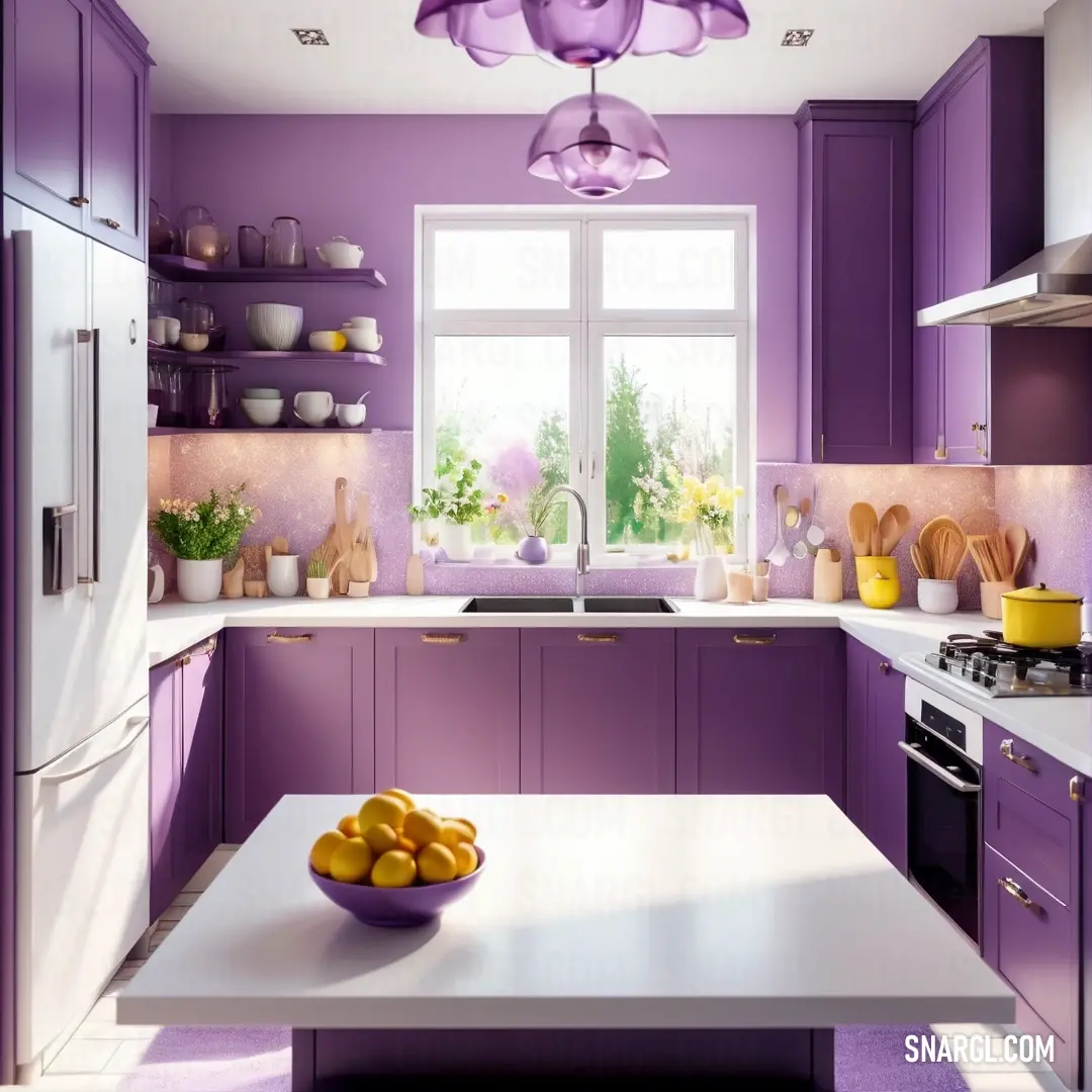 Moss green color example: Kitchen with purple cabinets and a white counter top and a bowl of fruit on the counter top of the island