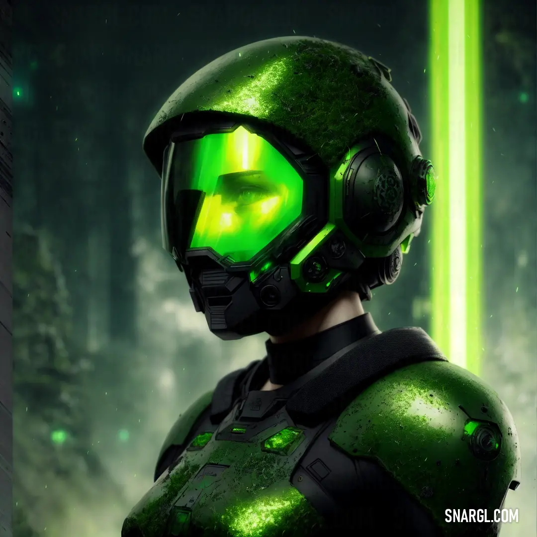 Man in a green helmet and green light saber in a dark background with a green light beam in the middle of his face