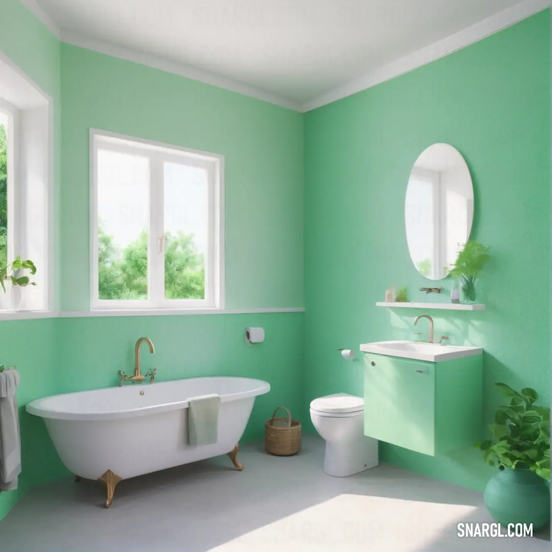 Bathroom with a tub, toilet. Color #ADDFAD.