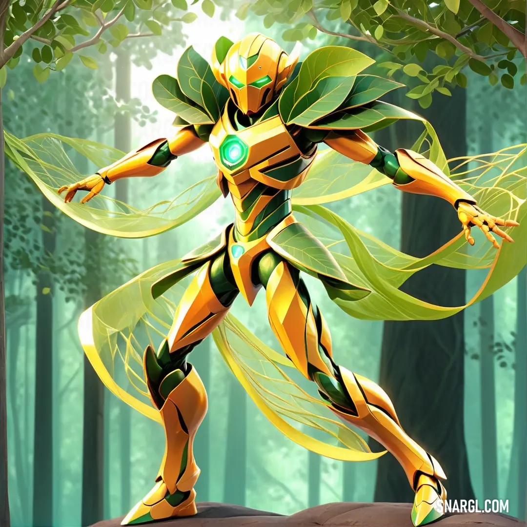Moss green color. Cartoon character in a yellow suit standing in a forest with trees and a green light shining on his body