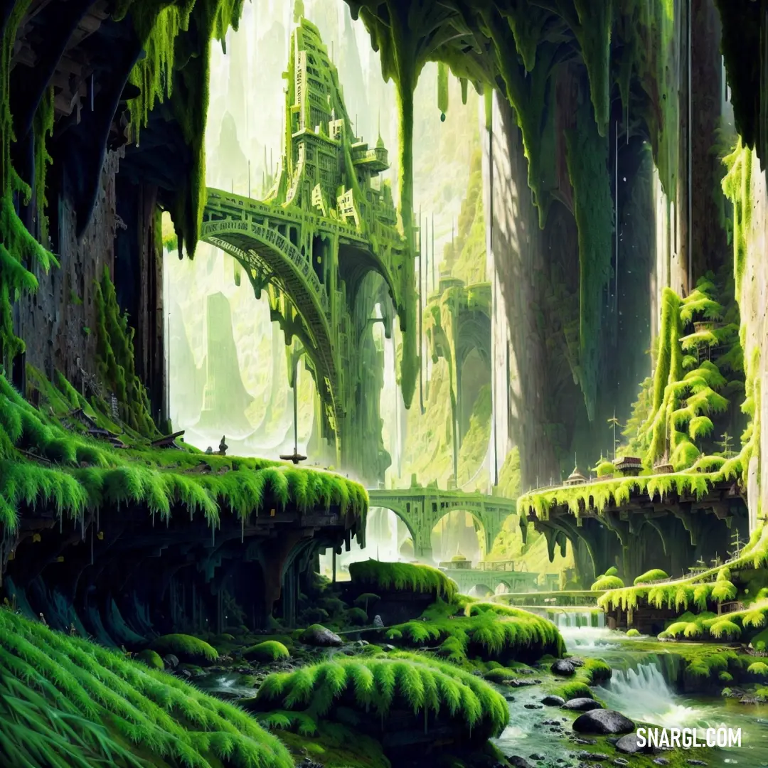 Painting of a forest with a waterfall