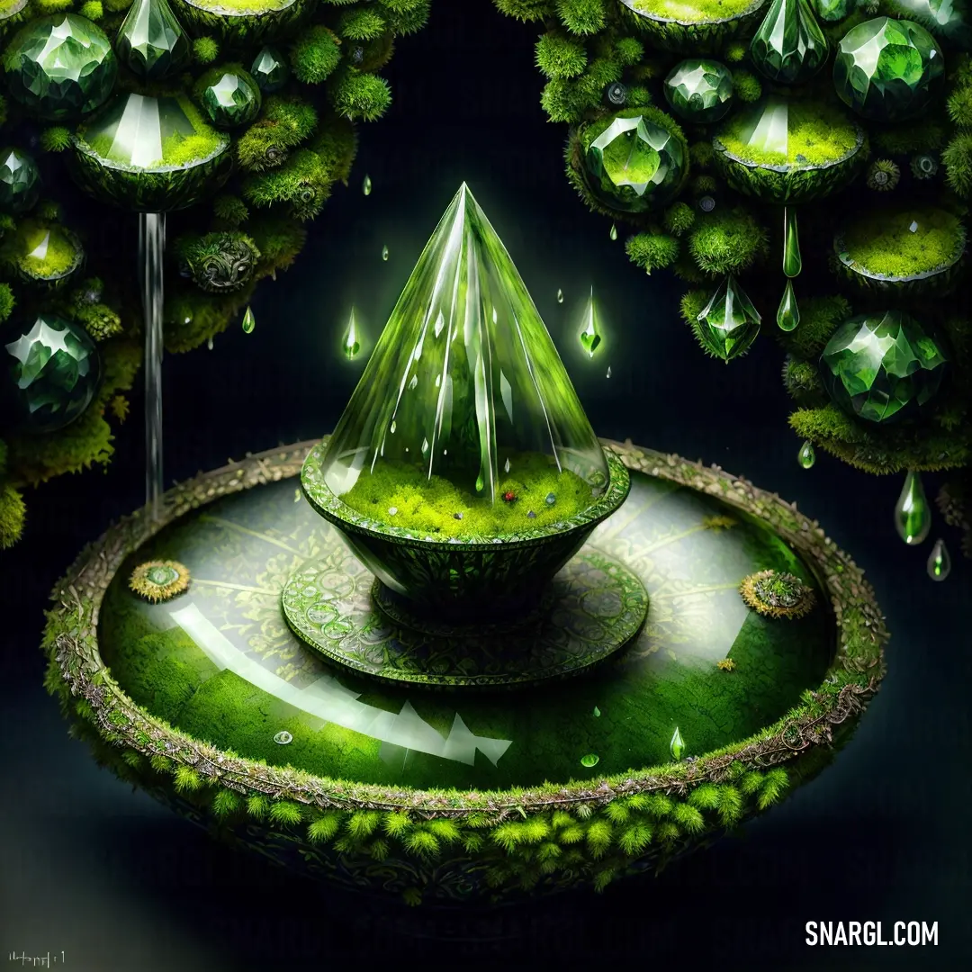 Painting of a green fountain with a green umbrella on top of it