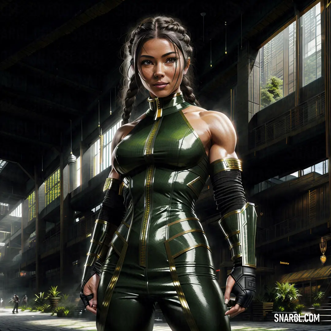 Woman in a green suit standing in a building with a gun in her hand