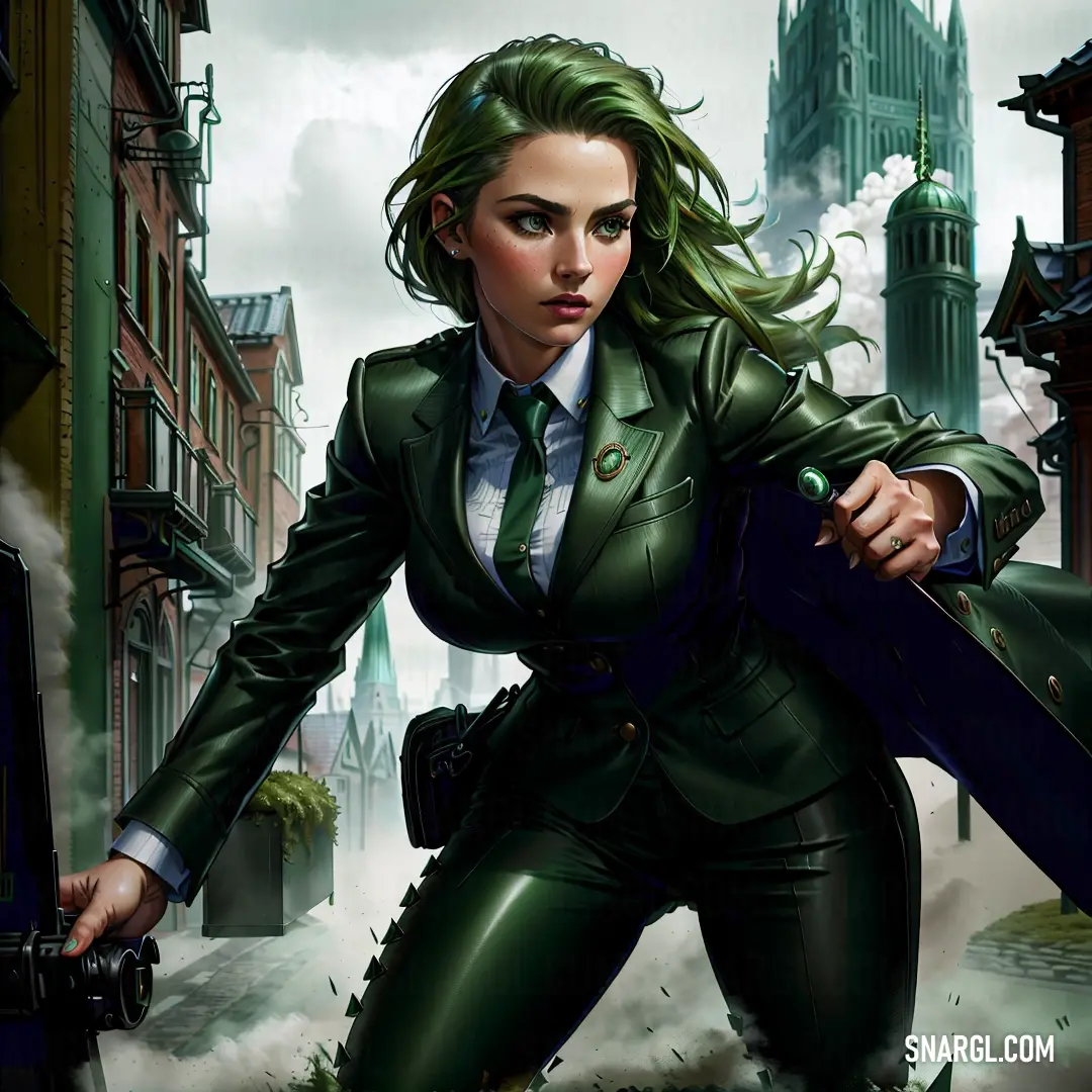 Woman in a suit and tie holding a knife in her hand and standing in a city street with buildings