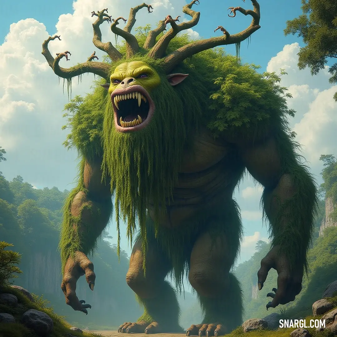 A giant Mossbeard with an oversized mouth and striking teeth reigns within a lush forest, its formidable presence complemented by rocky outcrops and lush greenery beneath. A colossal Mossbeard with an immense jaw and intimidating teeth stands regally within a vibrant forest, surrounded by rocks and tufts of grass, capturing the essence of a wild natural kingdom.