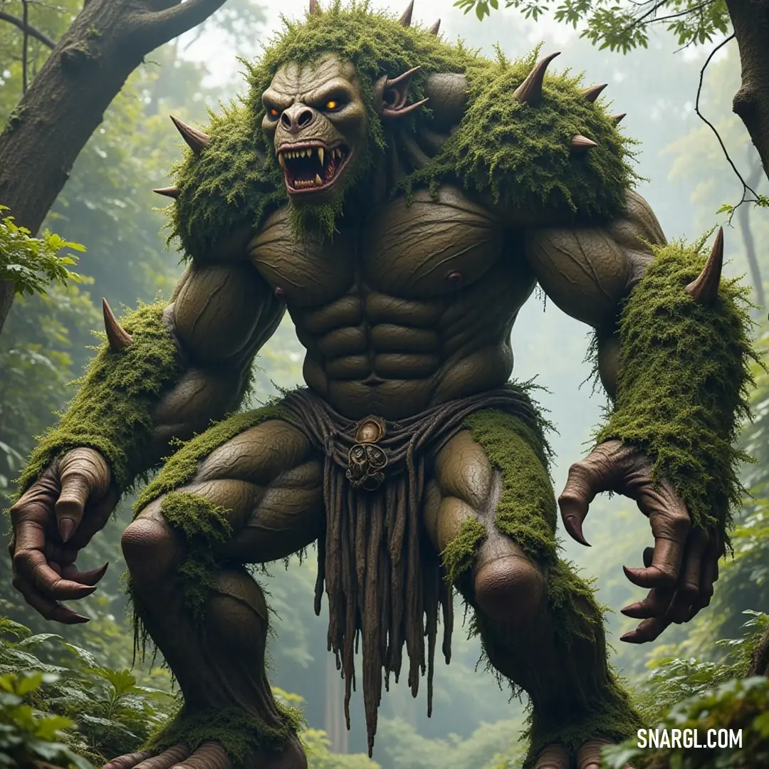 Mighty Mossclaw: The Guardian of the Forest The imposing Mossclaw, with its huge head and prominent horns, perches steadily in the woods, surrounded by a tapestry of trees and foliage. Its raw power and awe-inspiring stature command respect from all who wander nearby.