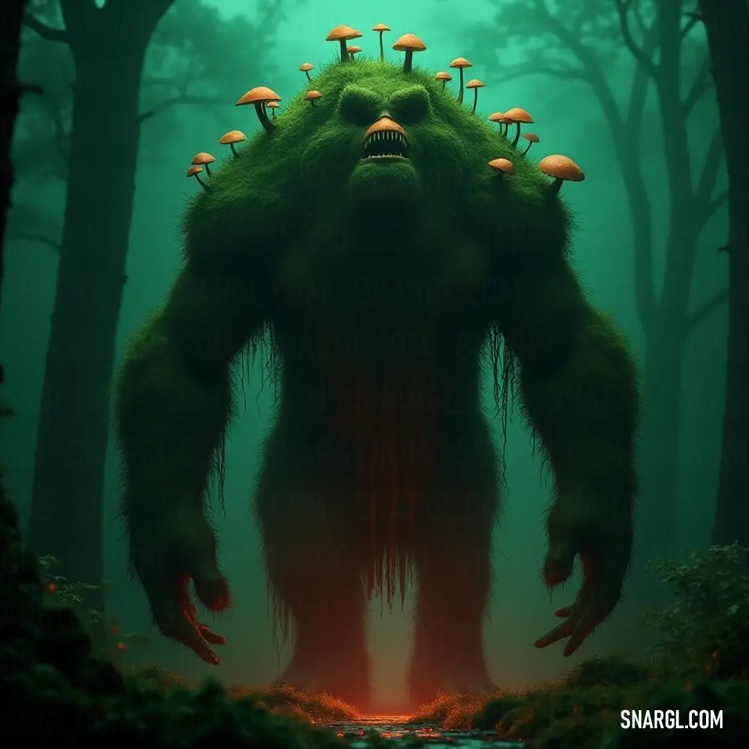 A colossal Giant Mossroot adorned with colorful mushrooms stands by a serene stream, embodying the lushness of a forest teeming with beauty and harmony. A giant Mossroot, crowned with vibrant mushrooms, dominates the forest scene, thriving next to a babbling stream, where the interplay of water and nature creates a tranquil atmosphere rich with life.