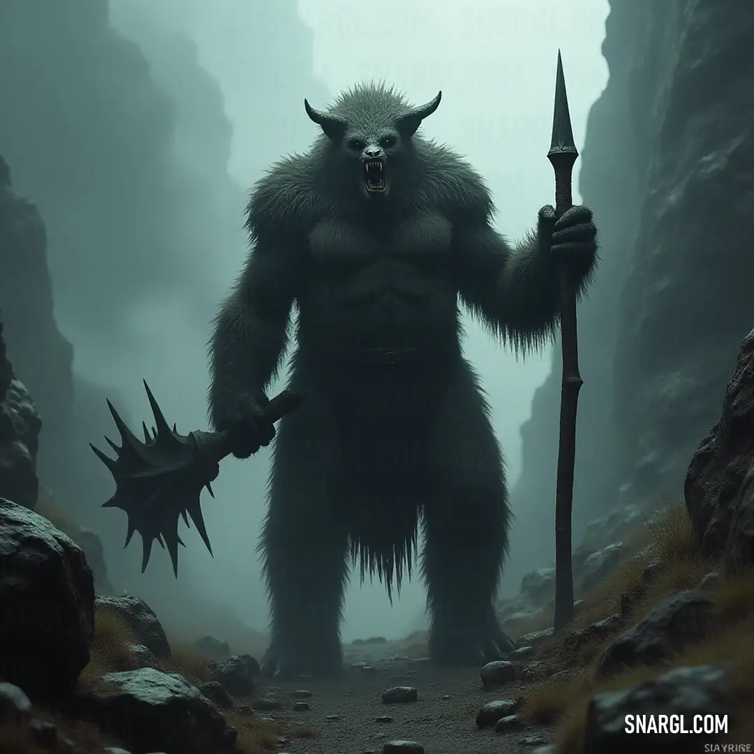 With a menacing glare, the Moulder Chief holds a spear high, the horned head on his arm a testament to his brutal victories in this wild and ragged terrain.