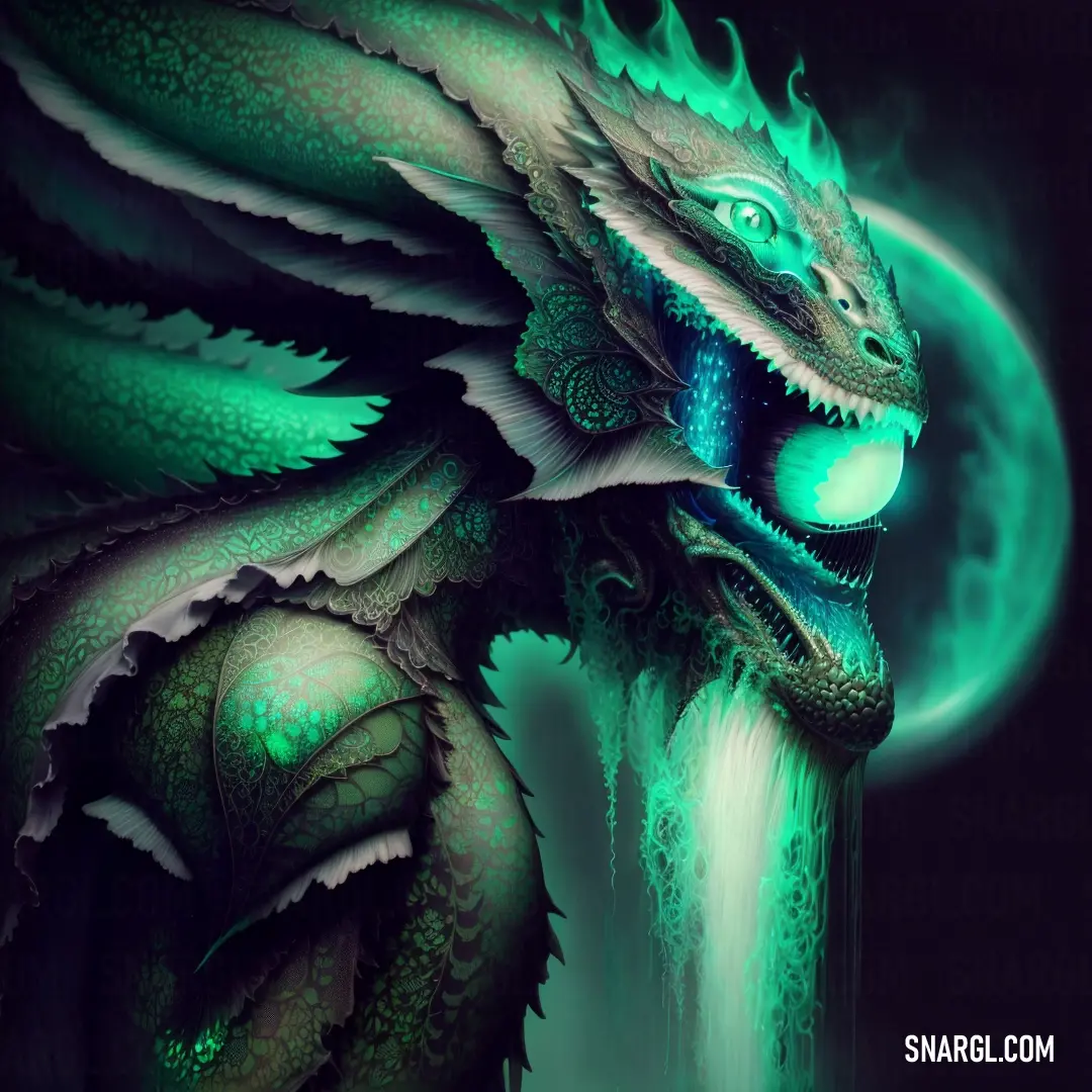 Green dragon with a black background and a green glow on its face and head