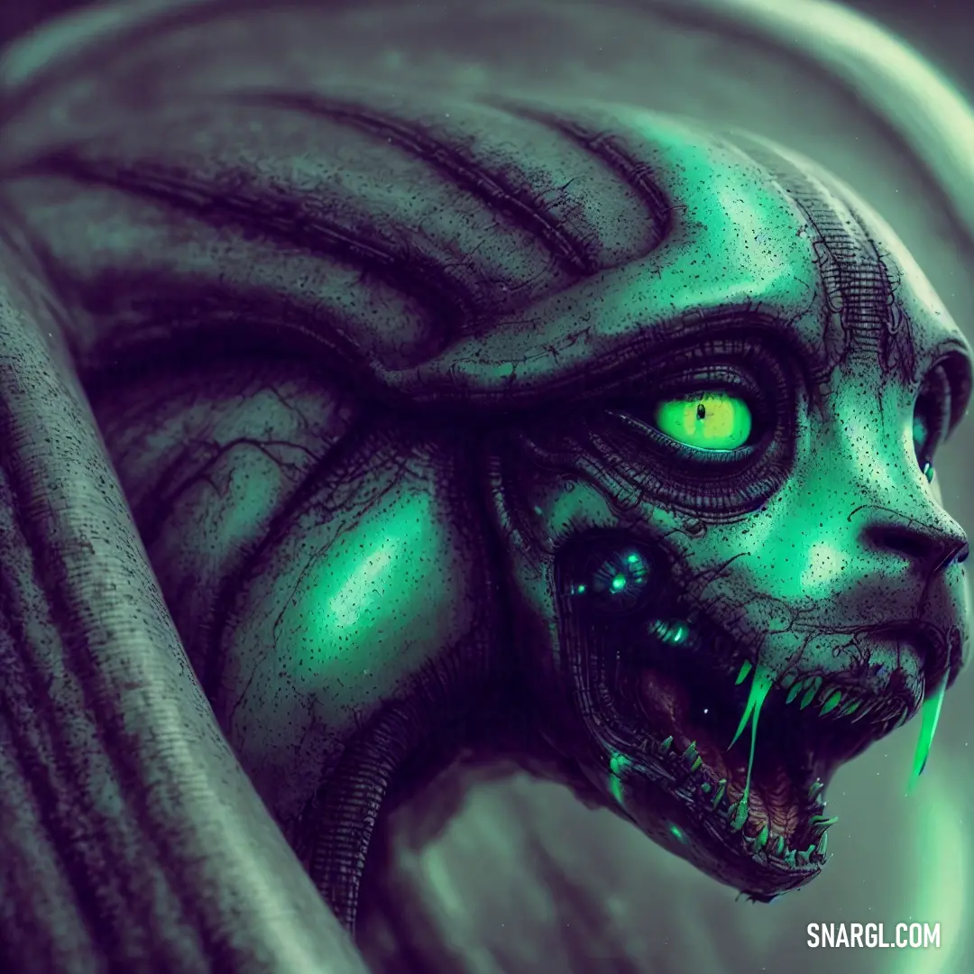 Green eyed creature with a green eye and a black face with a green glow on its eyes and mouth