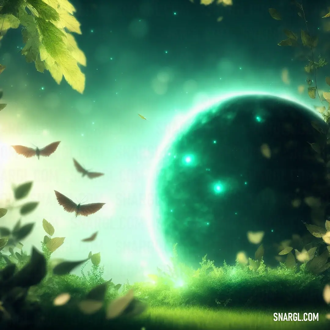 Green planet with a lot of butterflies flying around it in the night sky with a green glow