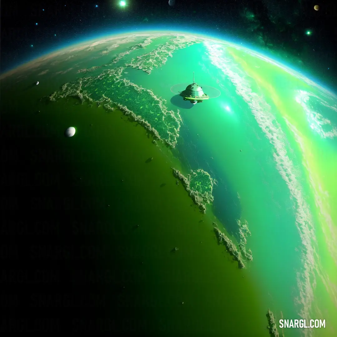 Green planet with a space shuttle in the distance and stars in the background