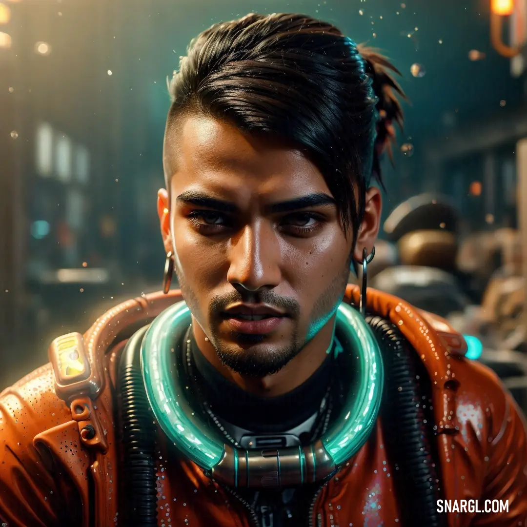 Man with a futuristic look on his face and a neon ring around his neck in a dark city