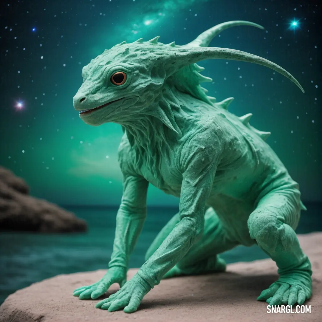 Green creature on top of a rock near the ocean and stars in the sky above it. Color RGB 48,186,143.