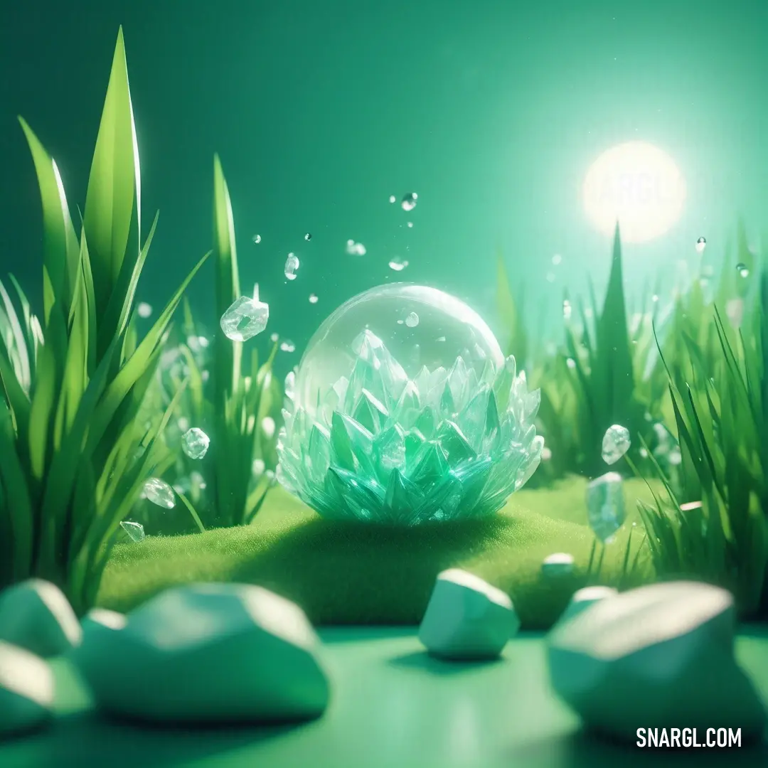 Green landscape with a crystal ball and grass and rocks on the ground and a bright sun in the background. Example of Mountain Meadow color.