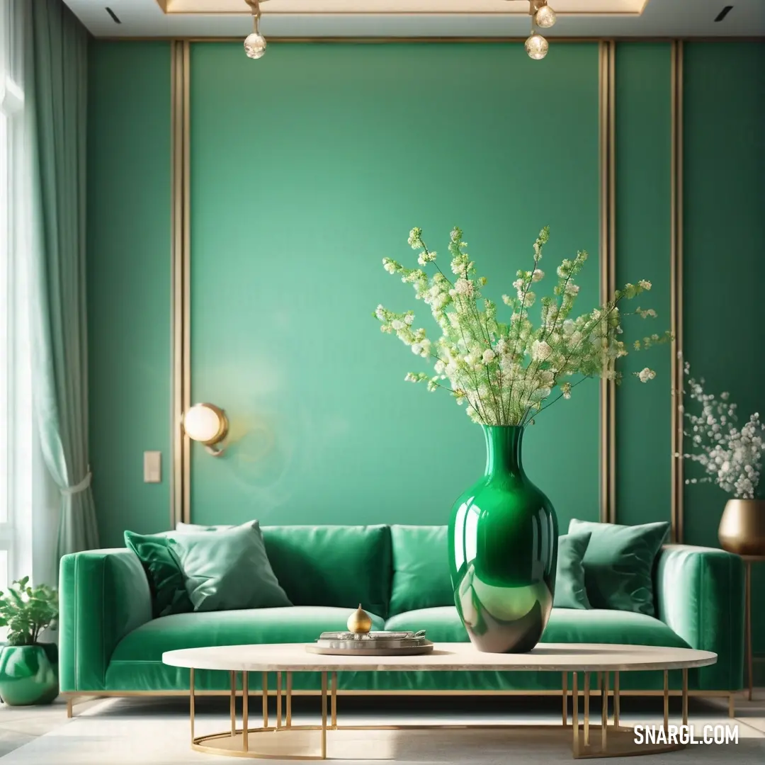 Green living room with a green couch and a green vase with flowers on it and a gold coffee table. Example of CMYK 74,0,23,27 color.