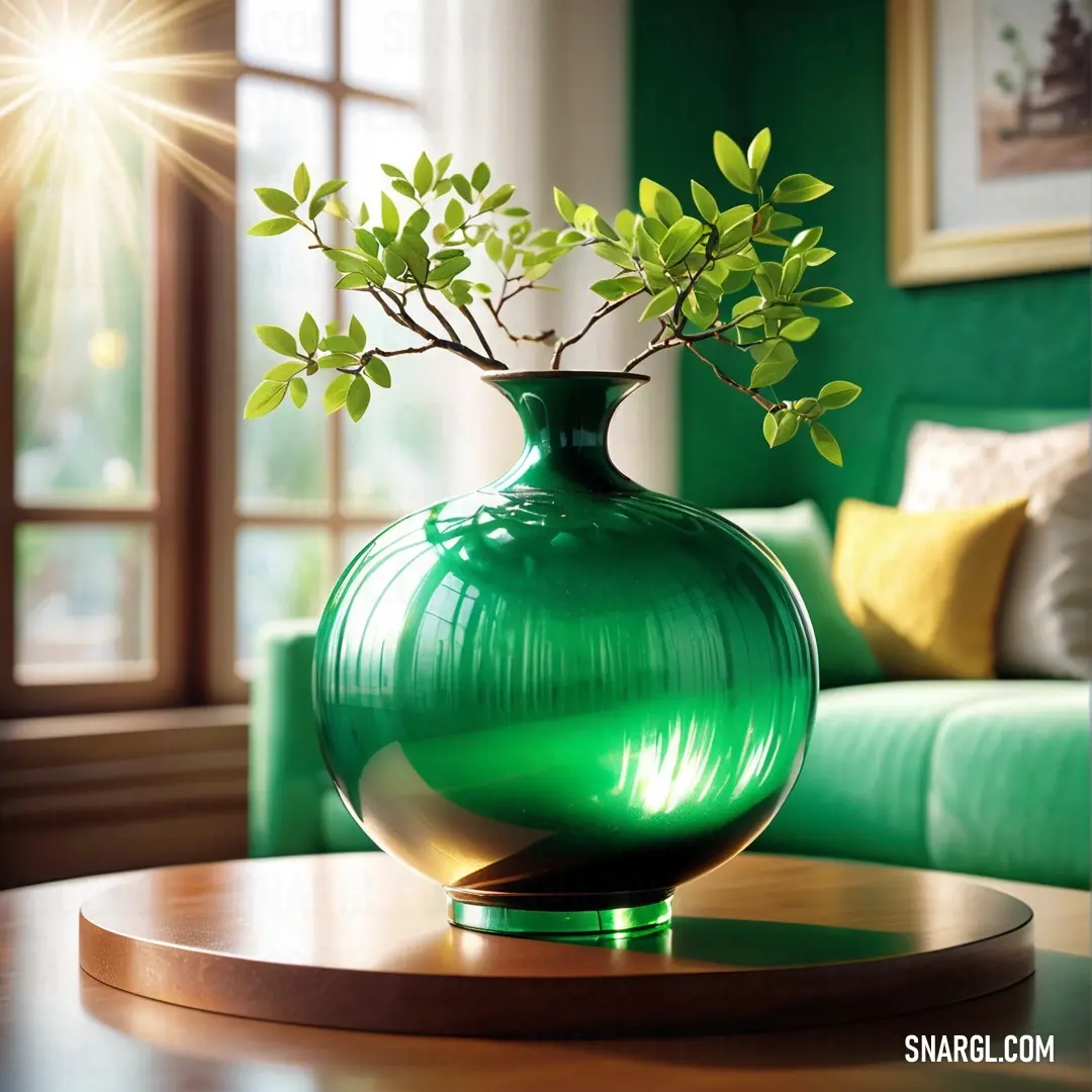 Mountain Meadow color example: Green vase with a plant in it on a table in a living room with a couch and window