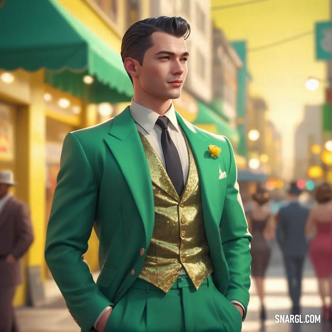 Man in a green suit and tie standing in the street with his hands in his pockets. Example of #30BA8F color.