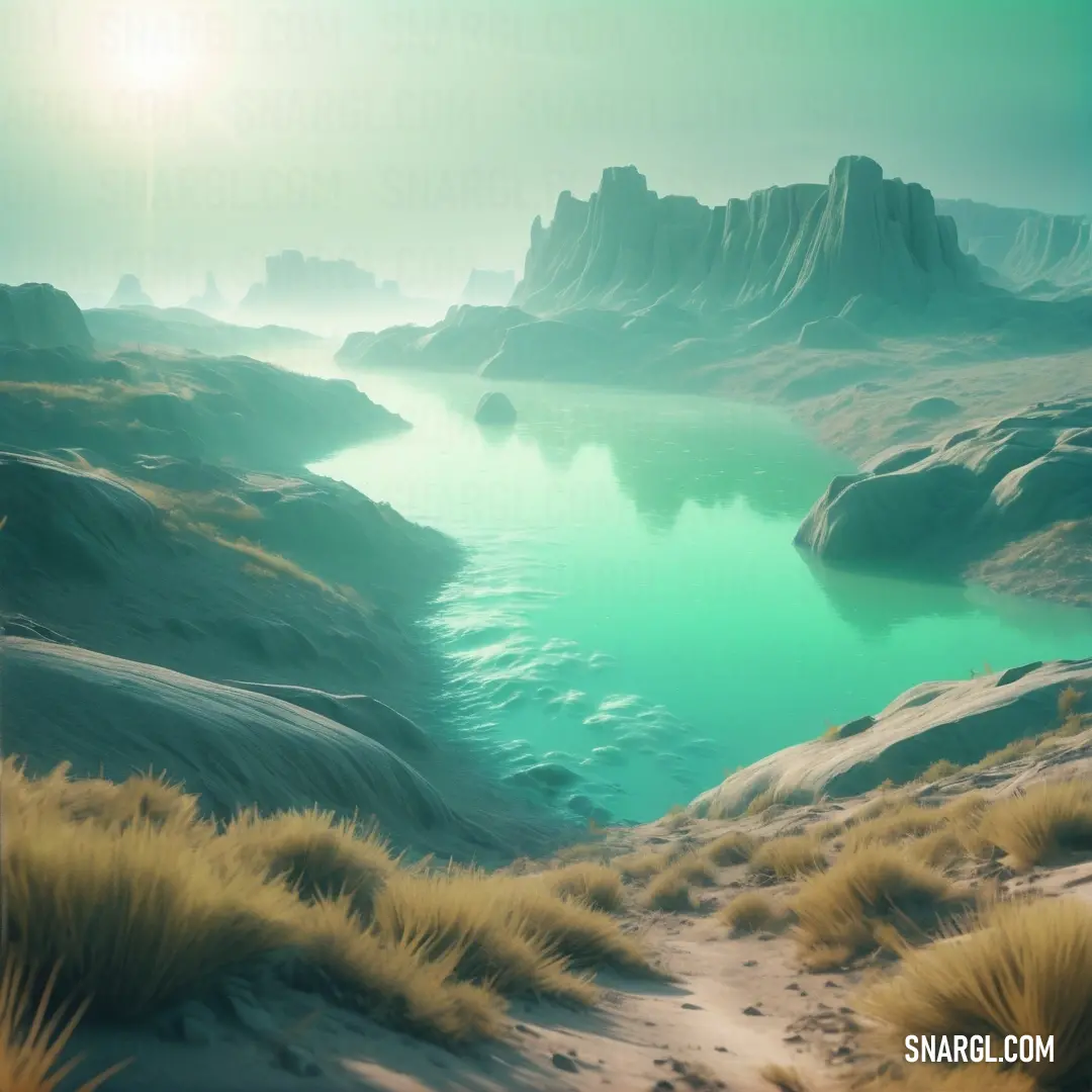 Painting of a river in a desert landscape with grass and rocks in the foreground. Example of #30BA8F color.