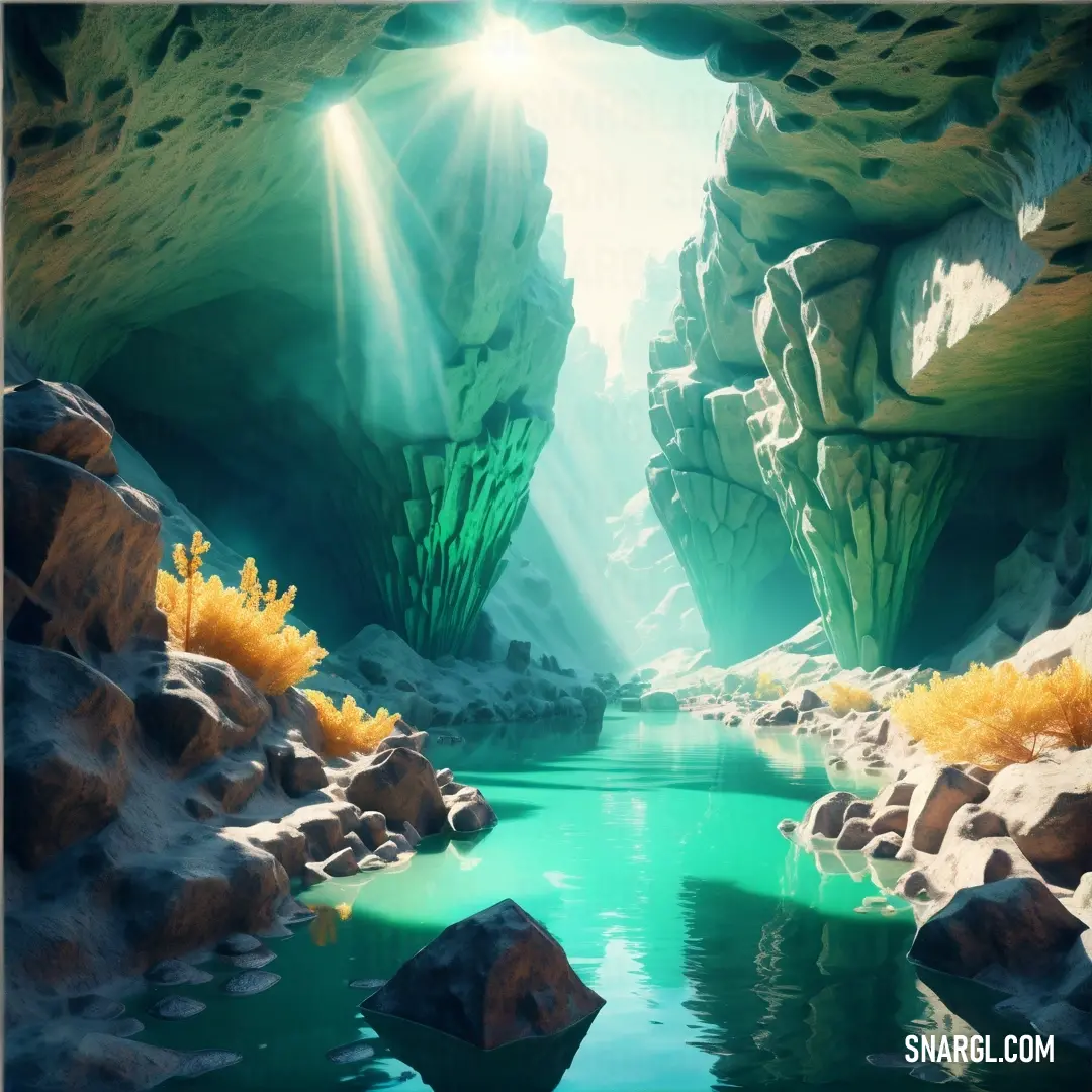 Mountain Meadow color. Painting of a river in a cave with sunlight coming through the cave doors