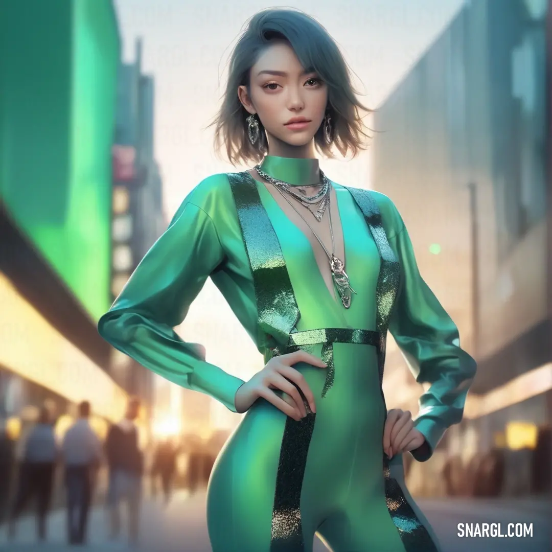 Woman in a green suit standing on a city street with her hands on her hips. Color CMYK 74,0,23,27.