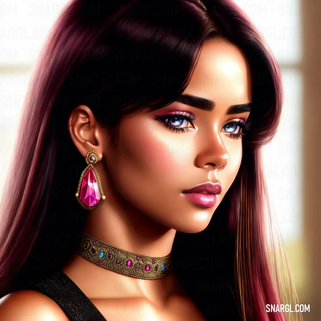 Digital painting of a woman with long hair and a necklace on her neck and earrings on her head