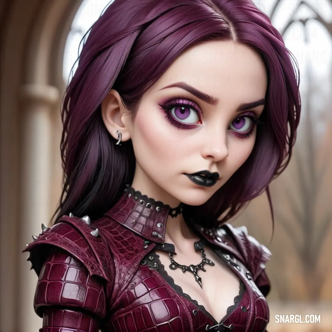 Doll with purple hair and black makeup is posed in a gothic costume with gothic makeup