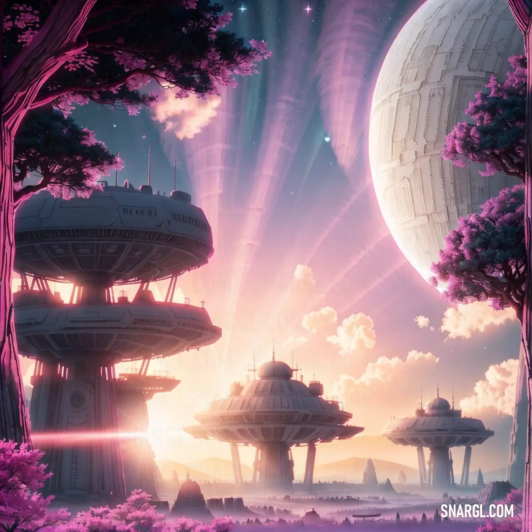 Futuristic city with a giant white ball in the sky and a giant pink object in the background
