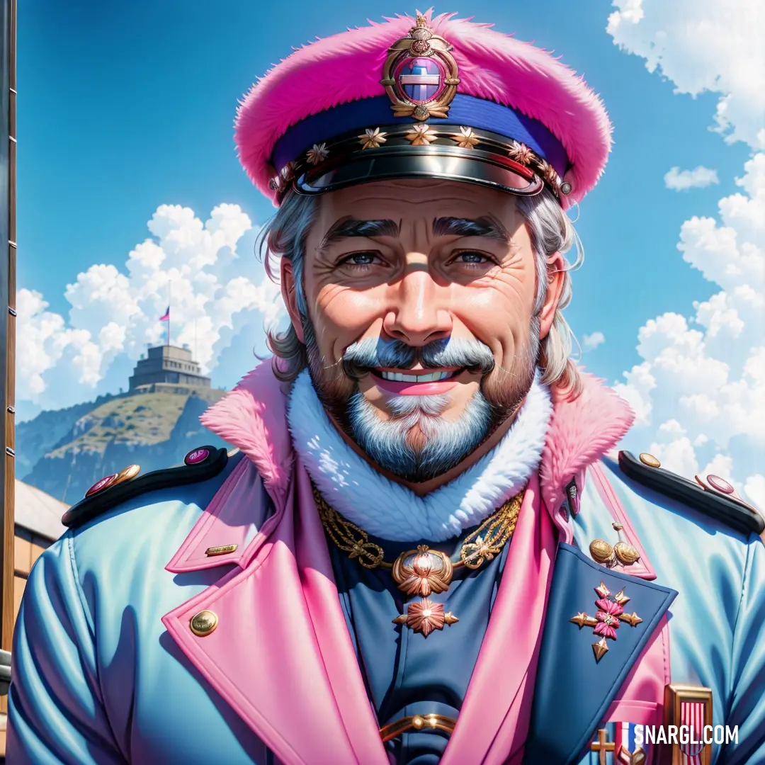 Painting of a man in a pink hat and blue uniform with a pink fur collar