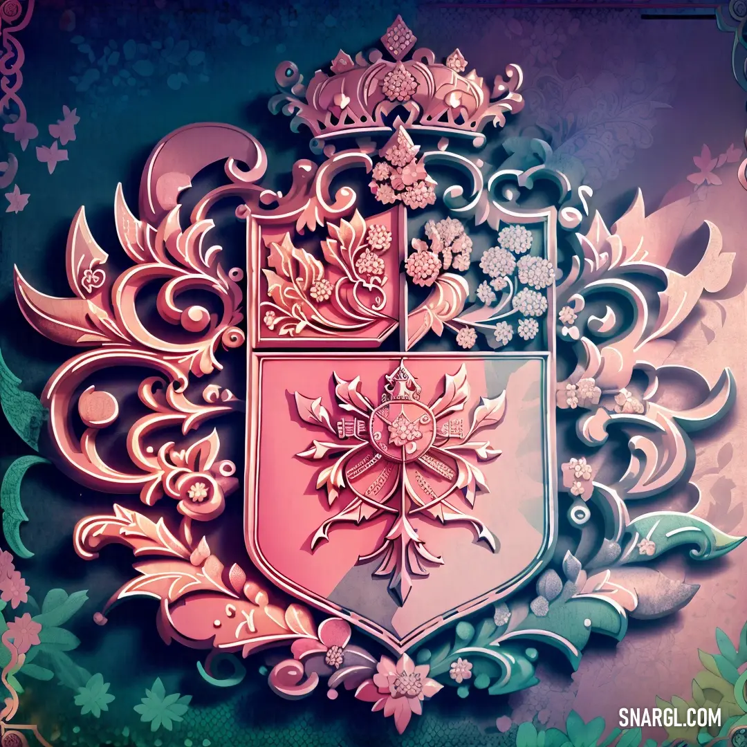 Pink and green colored crest with flowers and leaves on it's side
