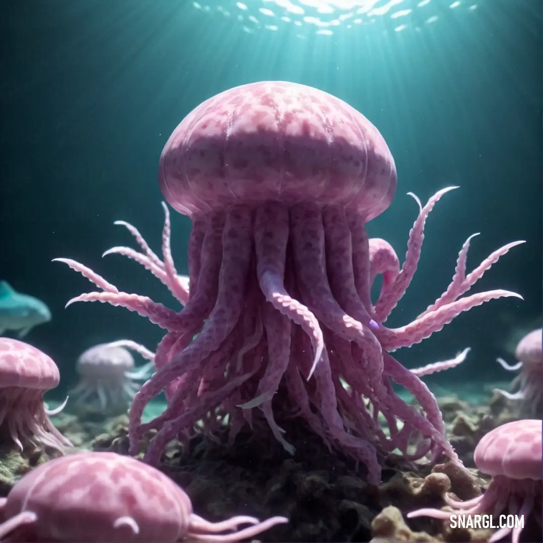 Pink jellyfish in a blue sea with a light shining on it's head and legs. Example of RGB 153,122,141 color.