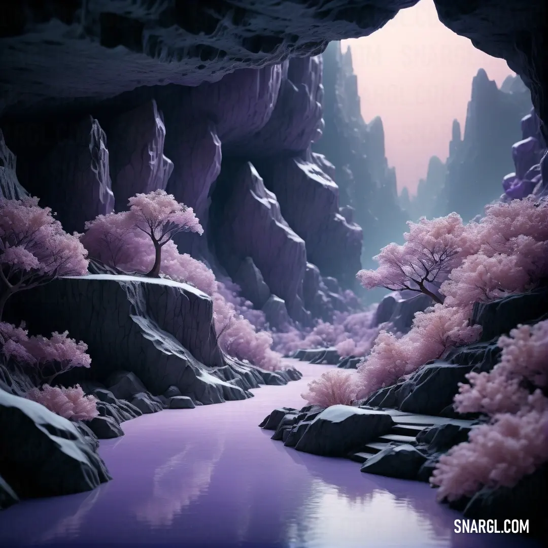 River surrounded by rocks and trees with pink flowers on them and a cave entrance with a lake in the middle. Color RGB 153,122,141.