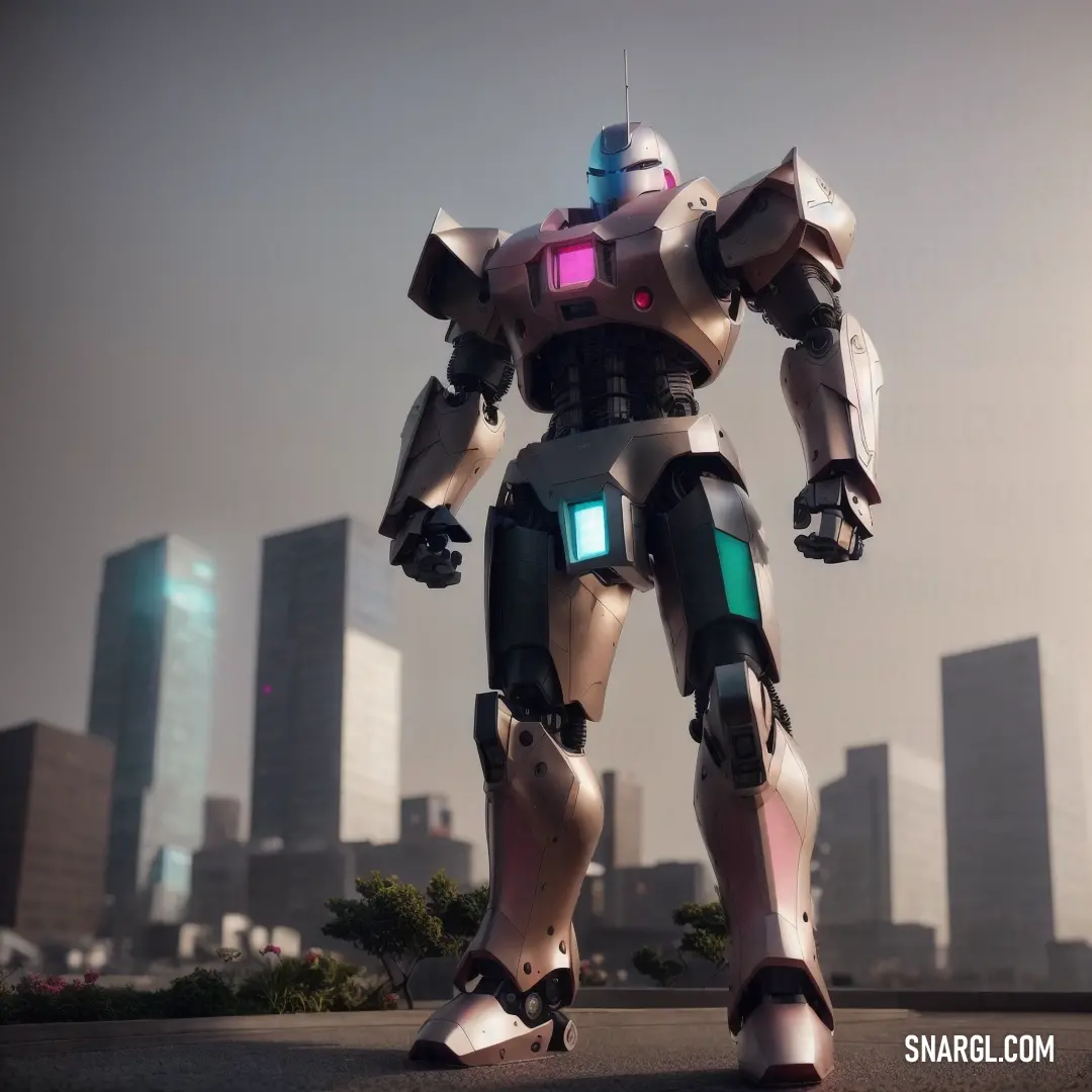 Robot that is standing in the street with a city in the background
