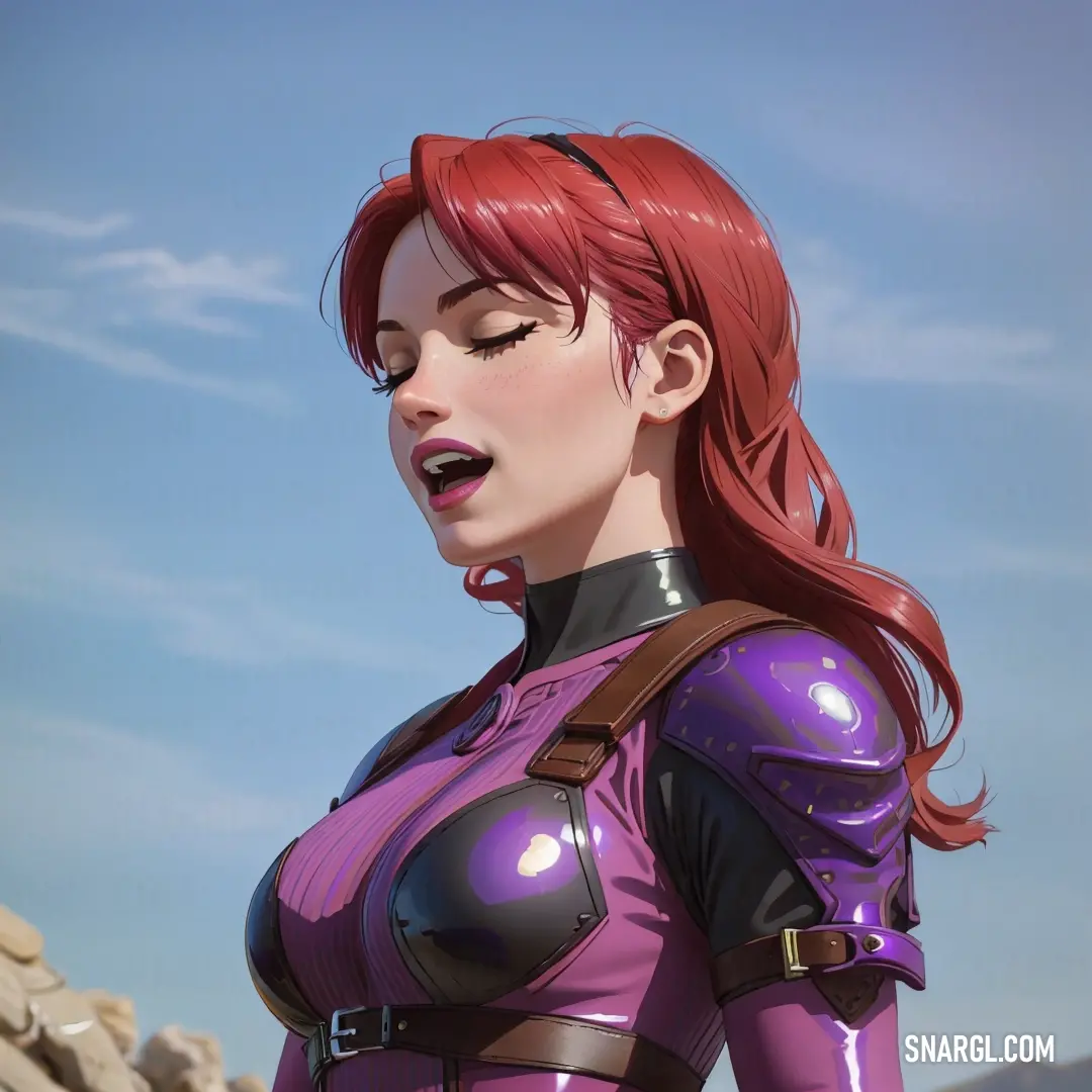 Woman in a purple outfit with a gun in her hand and a sky background
