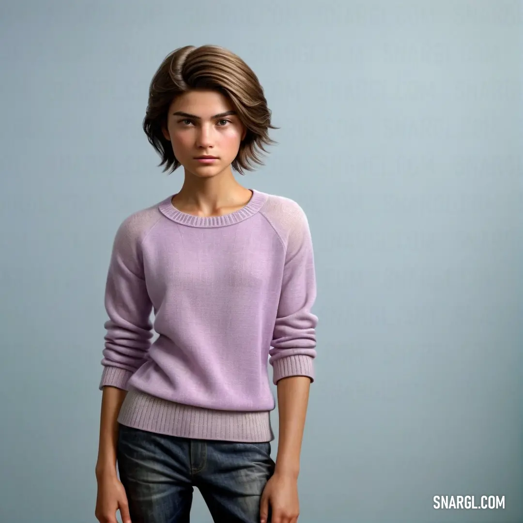 Woman in a purple sweater and jeans poses for a picture in a studio setting with a blue background. Example of CMYK 0,20,8,40 color.