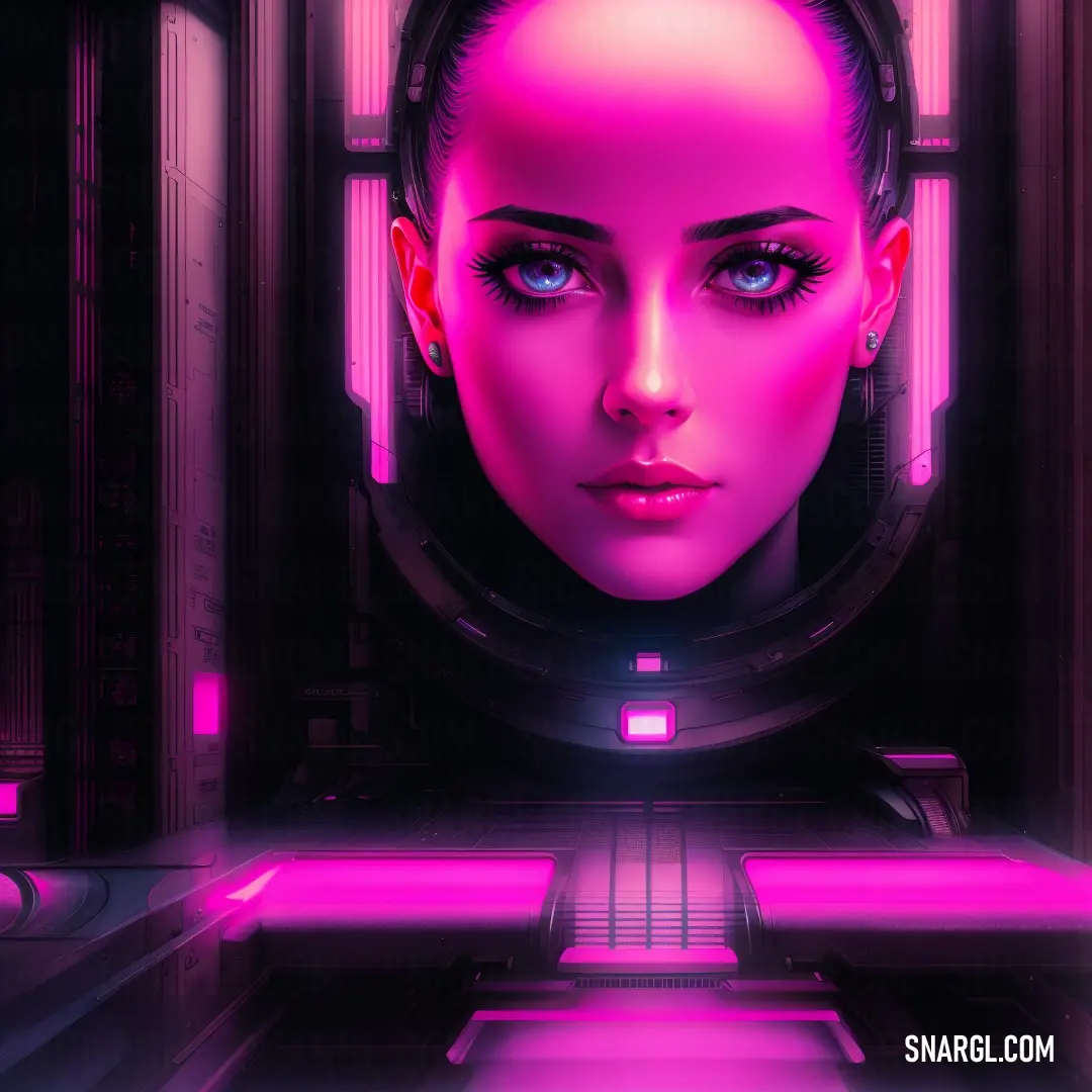 Woman with blue eyes and a futuristic pink background with a futuristic pink background and a pink background with a woman's face