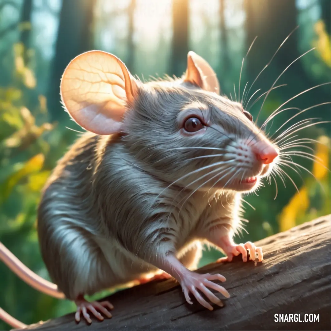 A mouse perched on a tree branch in the woods, the sun shining through the canopy above, casting beams of light and creating a magical forest scene with lush greenery all around.