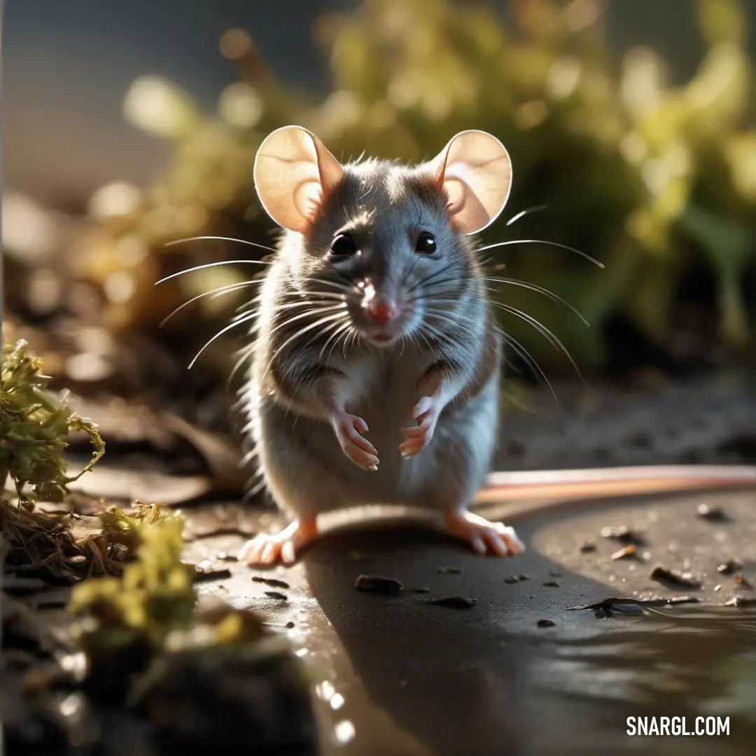 A mouse stands on its hind legs on a surface, looking around curiously with plants growing in the background. Its stance gives the impression of alertness, as if aware of the world around it.