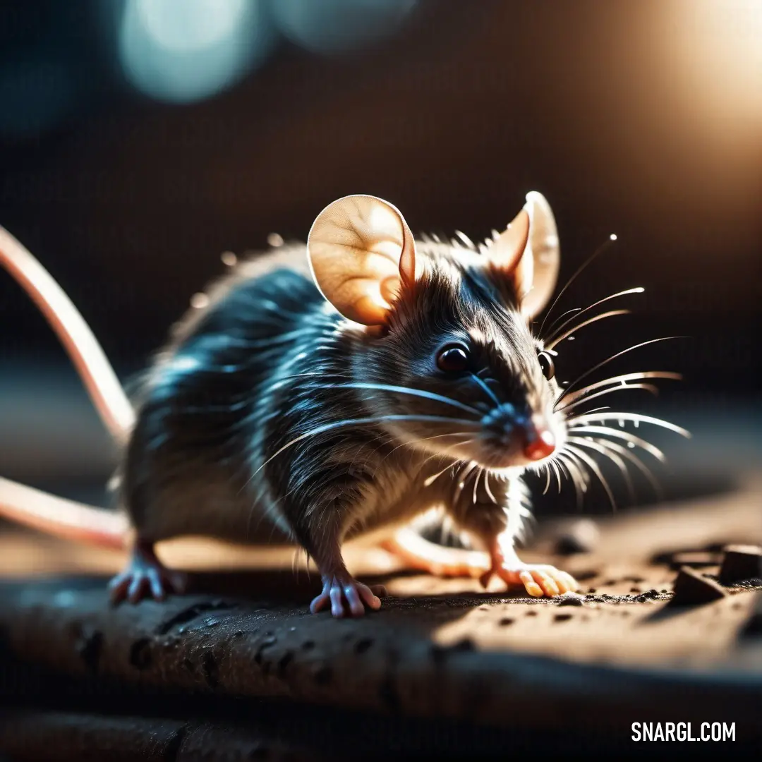 A mouse with a long tail and large ears sits on a table top, bathed in warm light, creating a peaceful and serene moment in this simple yet enchanting indoor scene.