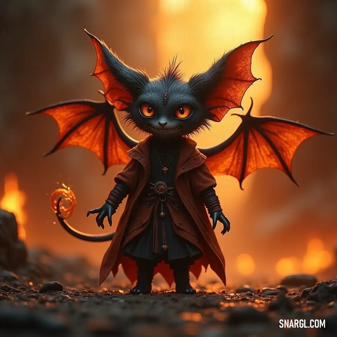 A formidable dragon-like Moxie perched on rugged rocks beneath an enchanting orange glow, exuding an air of mystical power. A majestic creature resembling a dragon, with vivid orange hues illuminating the rocky terrain as it spreads its wings, creating an awe-inspiring silhouette against the backdrop of a fiery glimmering sky.