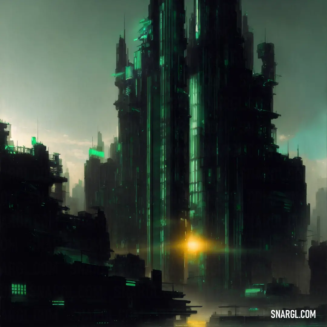 Futuristic city with a lot of tall buildings and a yellow light in the middle of the picture is a foggy night