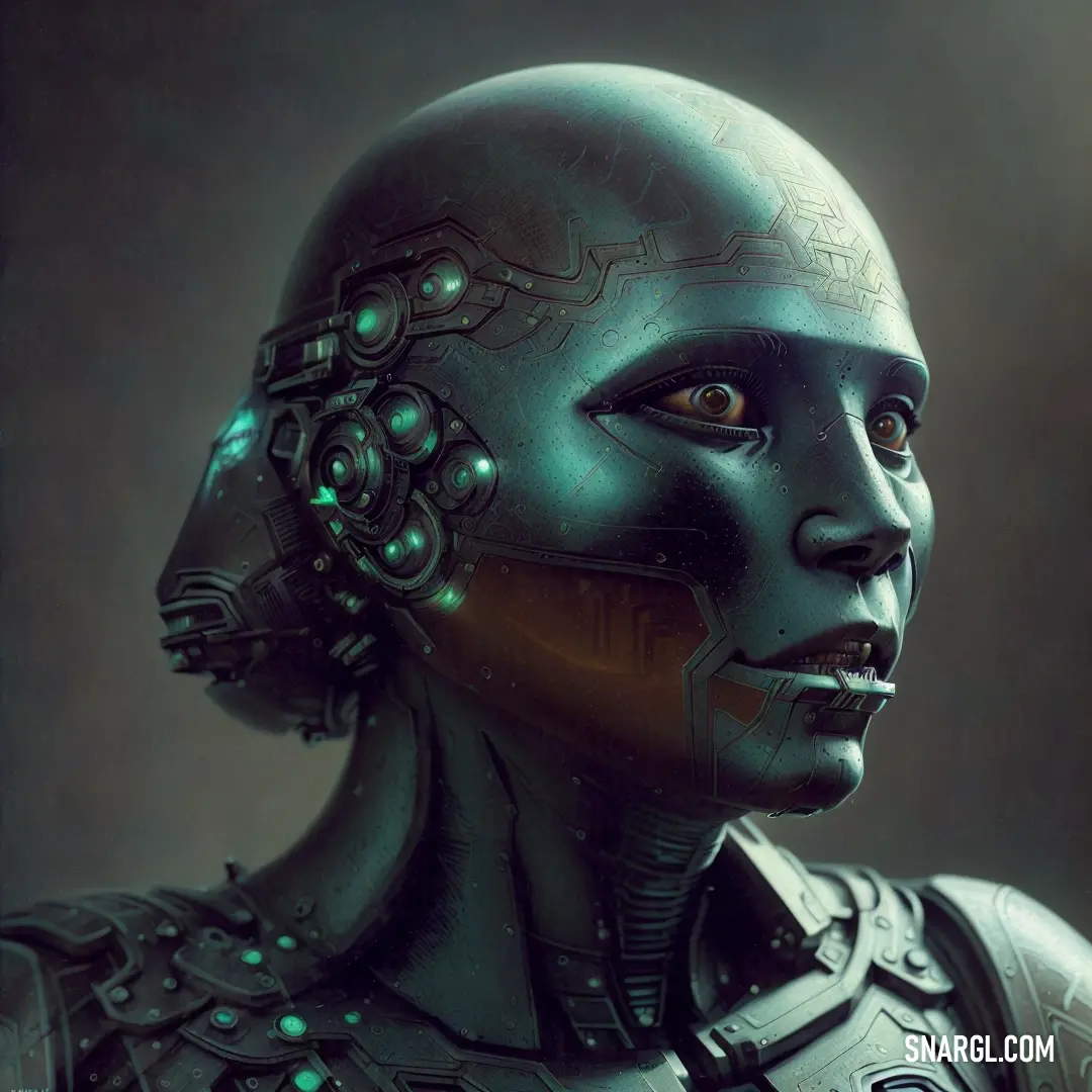 Futuristic woman with a futuristic helmet and green eyes looks into the distance with a black background