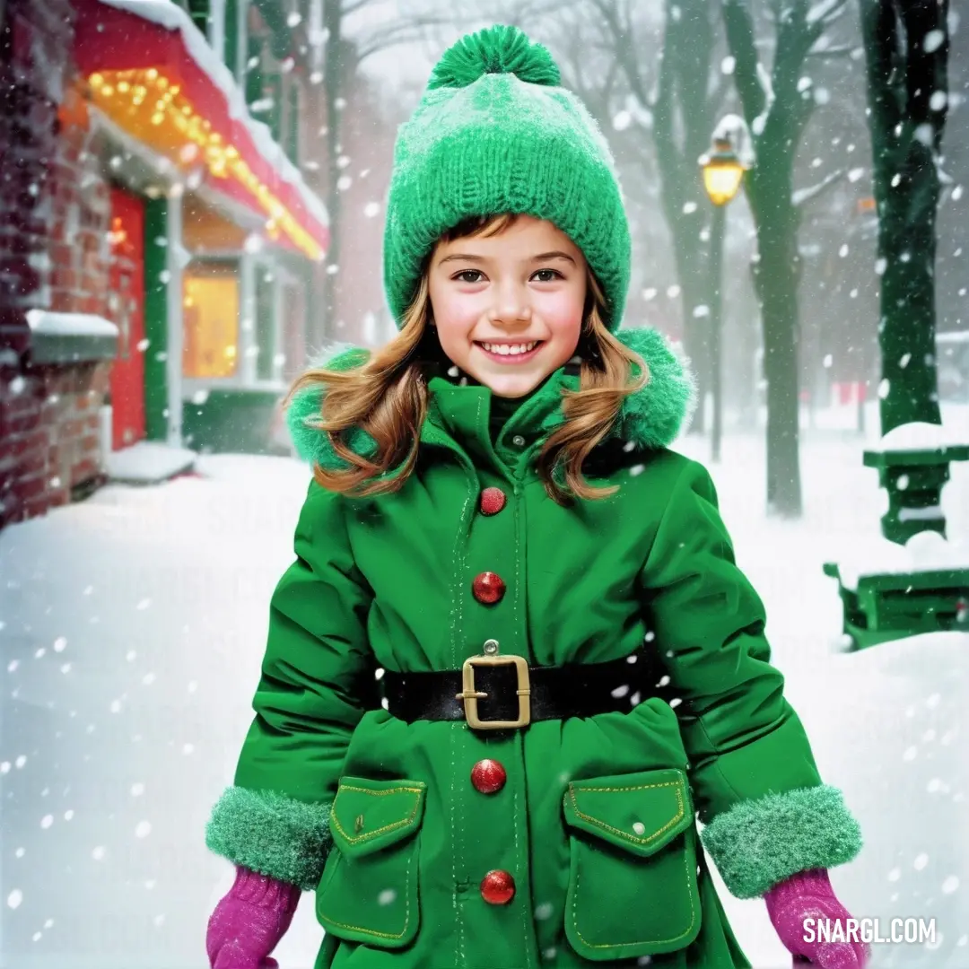 Little girl in a green coat and hat in the snow with a green hat and gloves on. Example of MSU Green color.