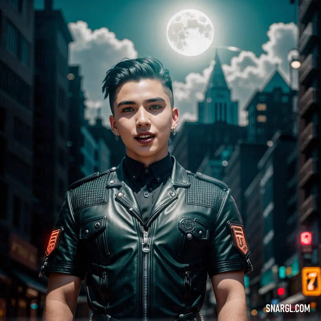 Man in a leather jacket standing in the middle of a city at night with a full moon in the background