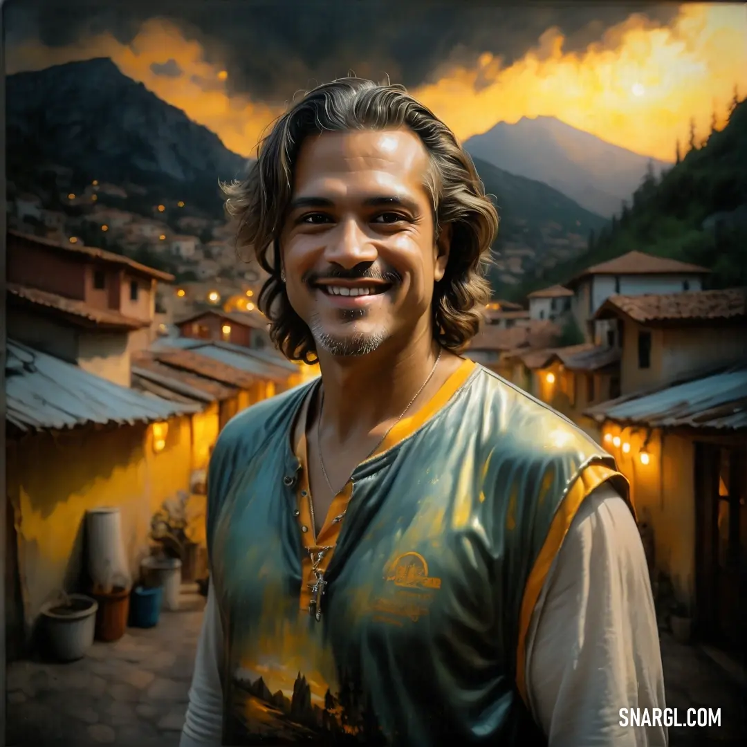 Man with a smile on his face in front of a village with mountains and houses in the background. Example of RGB 24,69,59 color.