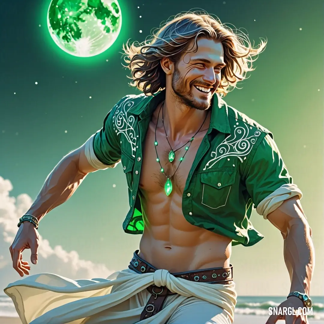 Man with long hair and a green shirt on is running on the beach. Example of MSU Green color.