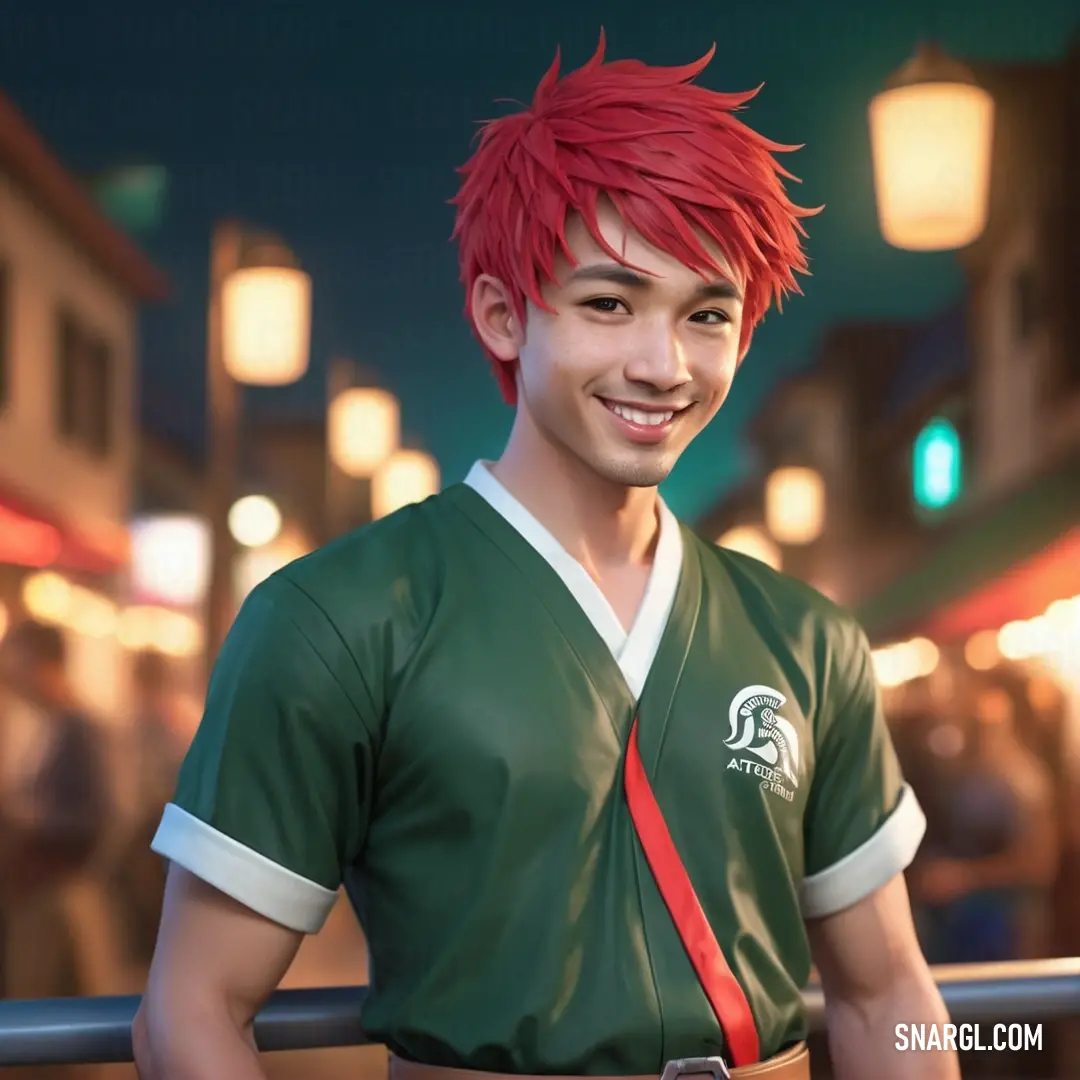 Man with red hair and a green shirt is smiling at the camera while standing in front of a crowd. Color #18453B.