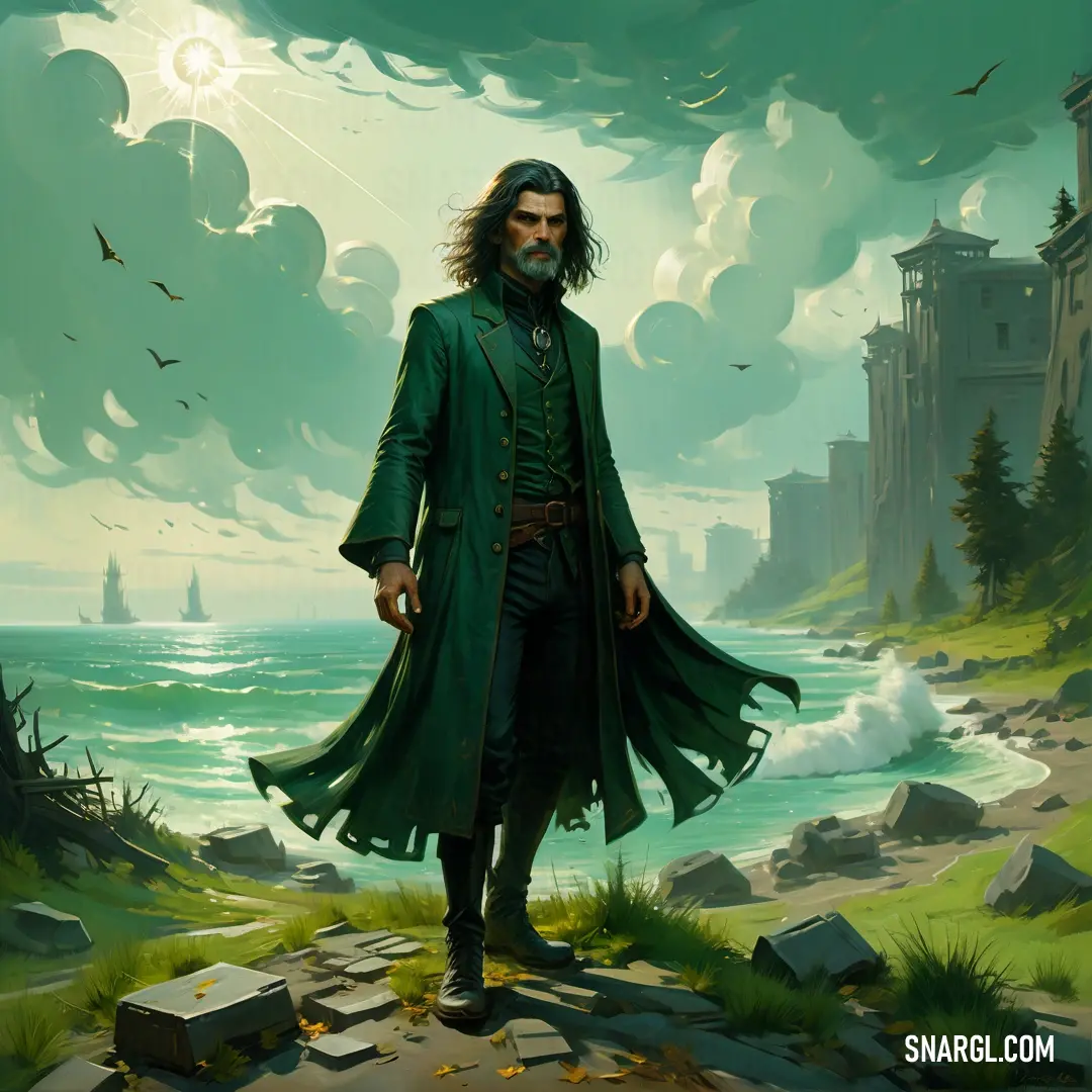 Man in a green coat standing on a rocky cliff by the ocean with a castle in the background. Color RGB 24,69,59.