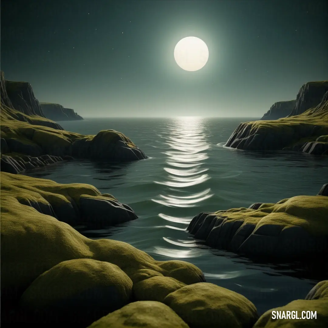 Painting of a full moon over a body of water with rocks in the foreground. Example of RGB 24,69,59 color.
