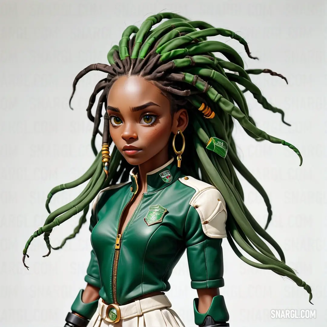 Woman with dreadlocks and a green jacket on her head is standing in front of a white background. Color #18453B.